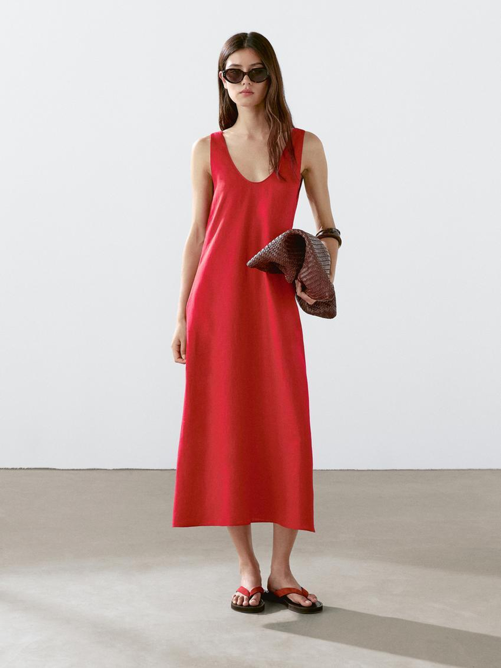 Massimo Dutti Платье миди из 100% льна с круглым вырезом, красный