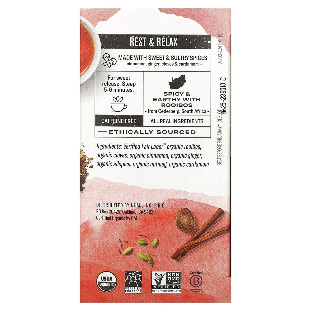 Numi Tea, Organic Herbal Teasan, чай ройбуш, без кофеина, 18 чайных пакетиков, 48,6 г (1,71 унции)