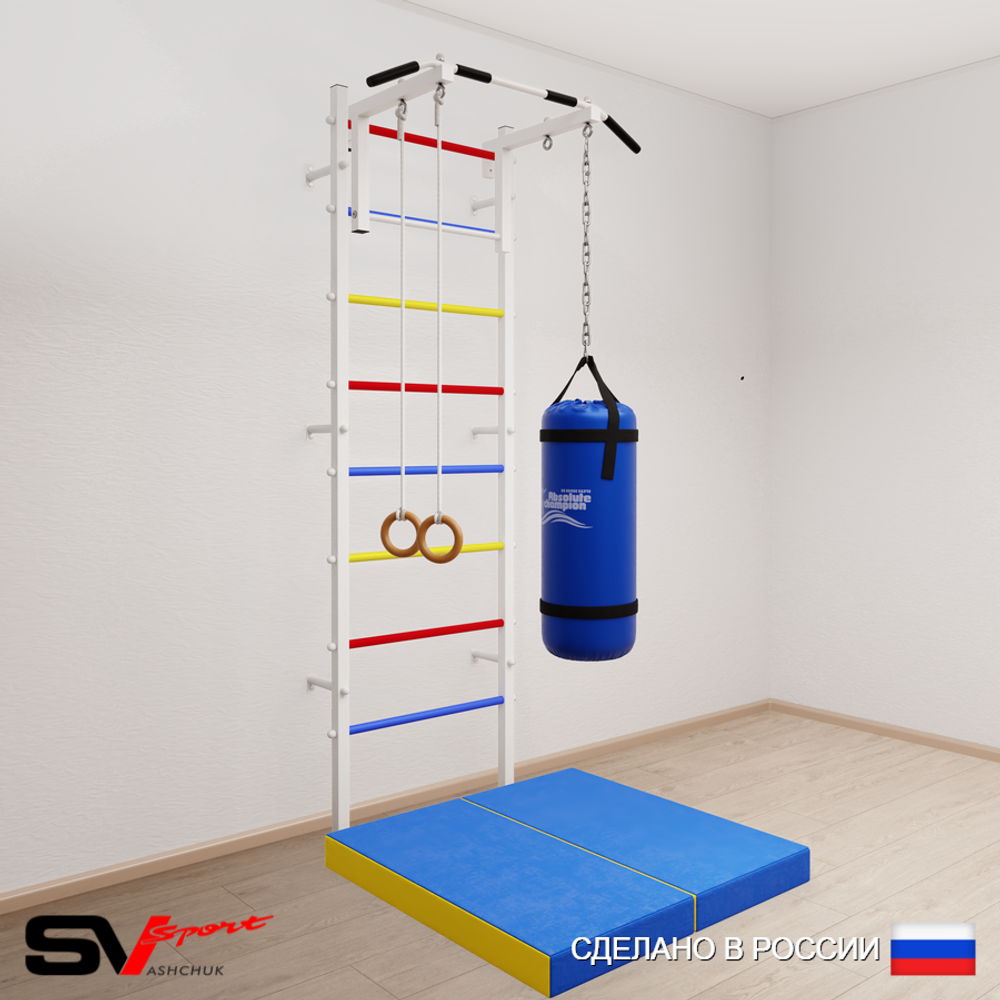 Шведская стенка Sv Sport усиленная 6107 (Турник стандарт/Кольца/Цепь/Мешок 30кг/Мат 1м)