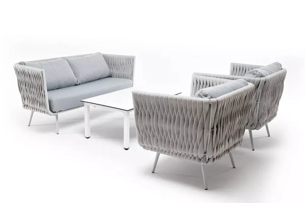 "Монако" лаунж-зона 4-местная из роупа со столом "Верона" (серый гранит), каркас светло-серый, роуп светло-серый