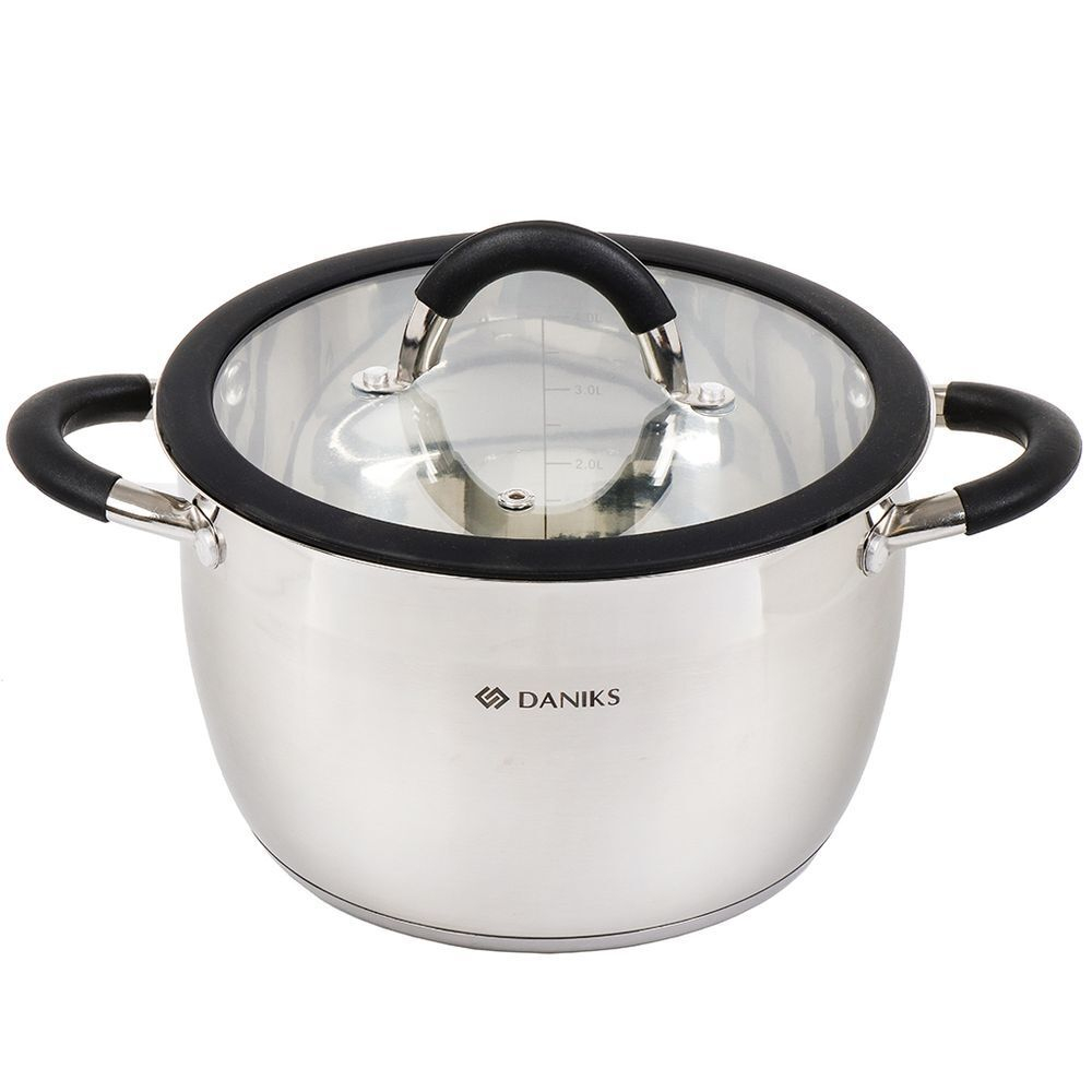 Кастрюля нерж, 4.9 л, с крыш, крышка стекло, кругл, Daniks, Орландо, GS-01435-22CA, индукц