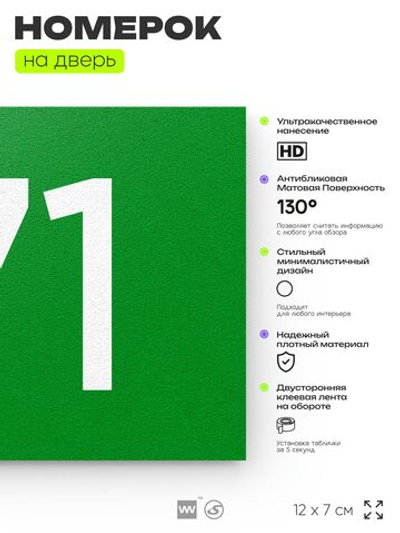 Номер на дверь 171, табличка на дверь для офиса, квартиры, кабинета, аудитории, склада, зеленая 120х70 мм, Айдентика Технолоджи
