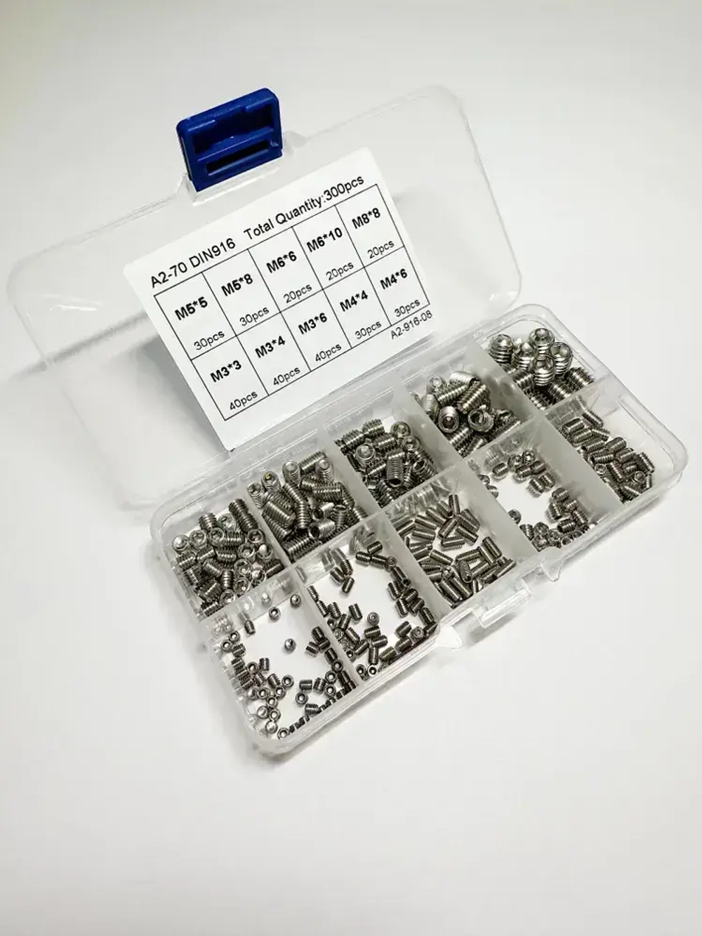 Набор гужонов M3 M4 M5 M6 M8 300 предметов в пластиковом кейсе. Винты без шляпки, винт без головки.