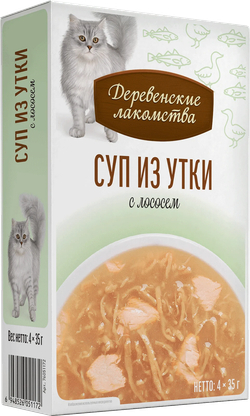 ДЕРЕВЕНСКИЕ ЛАКОМСТВА Пауч для кошек суп из утки с лососем 0,035 кг