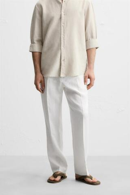 ZARA БРЮКИ ИЗ 100% ЛЬНА С ЗАЩИПАМИ, БЕЛЫЙ