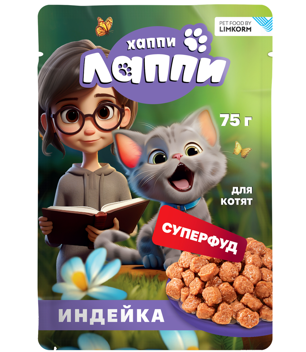 Хаппи Лаппи консервированный корм для котят, кусочки в соусе с индейкой, 75 г