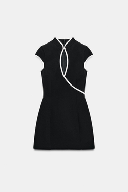 ZARA МИНИ-ПЛАТЬЕ С КОНТРАСТНЫМ КАНТОМ, ЧЕРНЫЙ