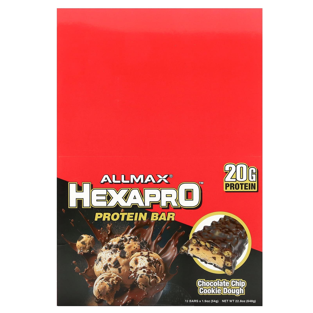 ALLMAX, Hexapro™, протеиновый батончик, тесто для печенья с шоколадной крошкой, 12 батончиков по 54 г (1,9 унции)