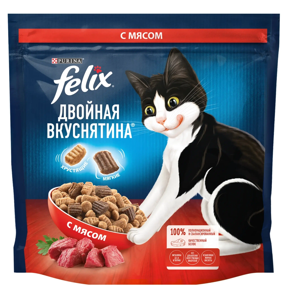 Felix Двойная вкуснятина сухой корм для взрослых кошек с мясом - 1,3 кг