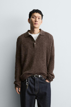 ZARA ПОЛО ИЗ РЕЛЬЕФНОГО ТРИКОТАЖА, КОРИЧНЕВЫЙ