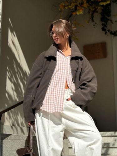 Бежевая хлопковая оверсайз рубашка в клетку