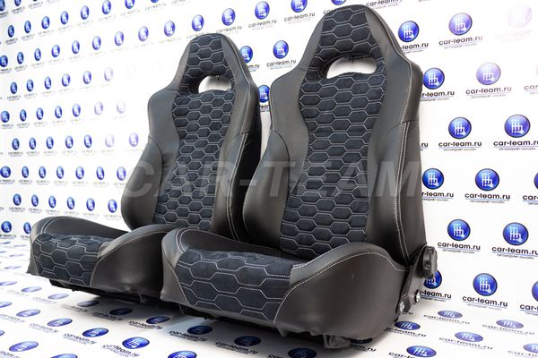 Сиденья "Recaro" (Рекаро) в сборе на ВАЗ 2108, 2109, 21099, 2113, 2114, 2115 из экокожи+алькантара с узором "Крупные соты"