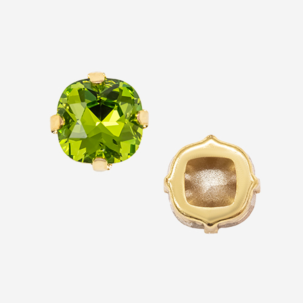 Кристалл Кушон (Сushion) в цапах, оттенок "Olivine", 9,2мм, позолота