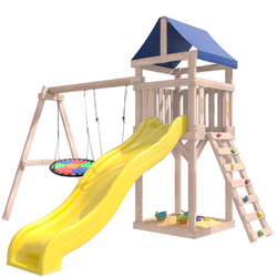 Детская площадка неокрашенная Сlassic с качелями лодочка и разноцветным гнездом Свиби IgroWoods для улицы и дачи
