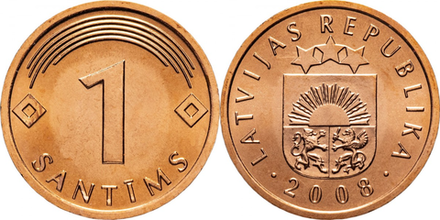 Латвия 1 сантим, 1992 - 2008 Герб XF