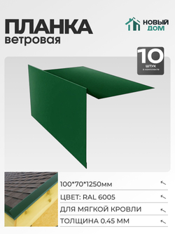 Ветровая планка (торцевая планка), для М/К 100х70мм, Длина 1250мм, Комплект 10шт, RAL6005, 0,45мм