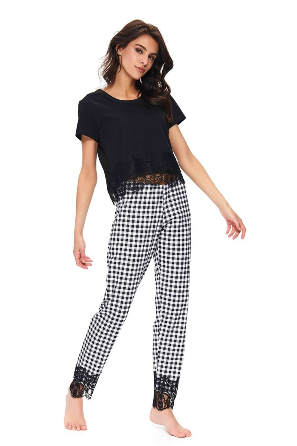 Женская пижама с клетчатыми брючками (Размер: XL) (Цвет: черный с белым)