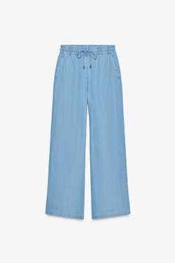 ZARA БРЮКИ С ШИРОКИМИ ШТАНИНАМИ И ЭЛАСТИЧНЫМ ПОЯСОМ, ГОЛУБОЙ