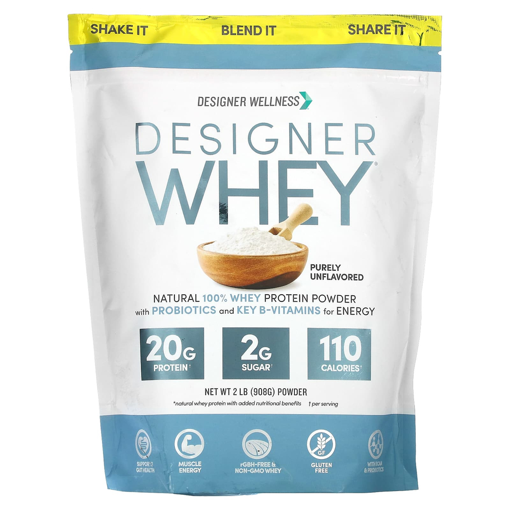 Designer Wellness, Designer Whey, натуральный 100%-ный сывороточный белок, чистый без вкуса, 908 г