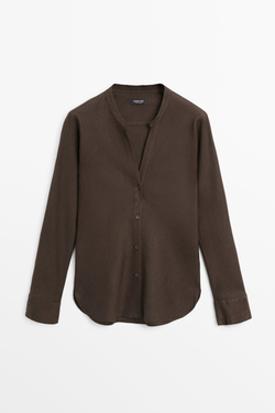 Massimo Dutti Рубашка с воротником-стойкой из 100% льна, коричневый