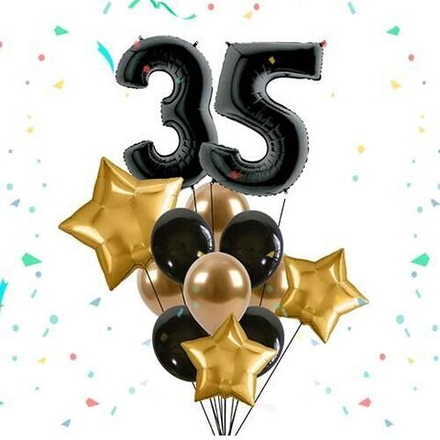 Композиция из шаров с золотыми звездами на 35 лет