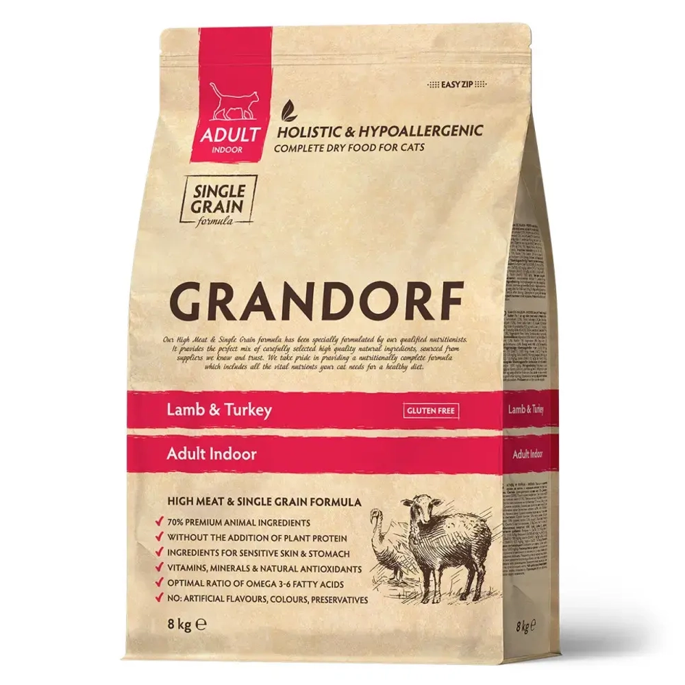 Grandorf cat lamb&turkey indoor сухой корм для взрослых домашних кошек с ягненком и индейкой - 8 кг