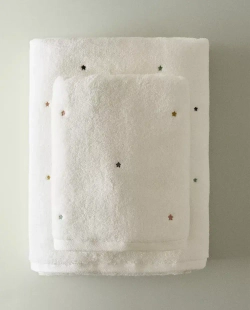 ZARA HOME ДЕТСКОЕ КУПАЛЬНОЕ ПОЛОТЕНЦЕ С ВЫШИВКОЙ «ЗВЕЗДЫ», ЖЕЛТОВАТО-БЕЛЫЙ