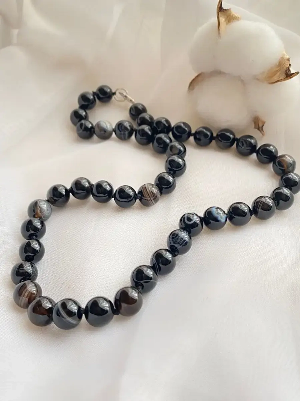 Бусы из натурального черного агата колье ожерелье