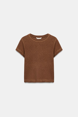 ZARA ФУТБОЛКА В СТИЛЕ РУСТИК С КОРОТКИМИ РУКАВАМИ, ЦВЕТ ЖЖЕНОГО АПЕЛЬСИНА