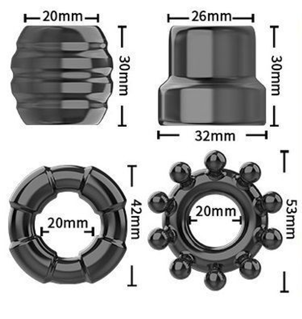 Набор из 4 черных рельефных эрекционных колец на пенис (Цвет: черный)
