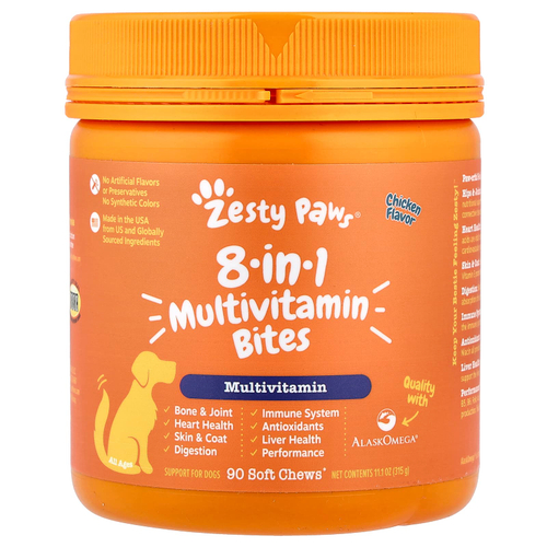 Zesty Paws, Multivitamin Bites, 8 в 1, для собак всех возрастов, со вкусом курицы, 90 жевательных таблеток, 315 г (11,1 унции)