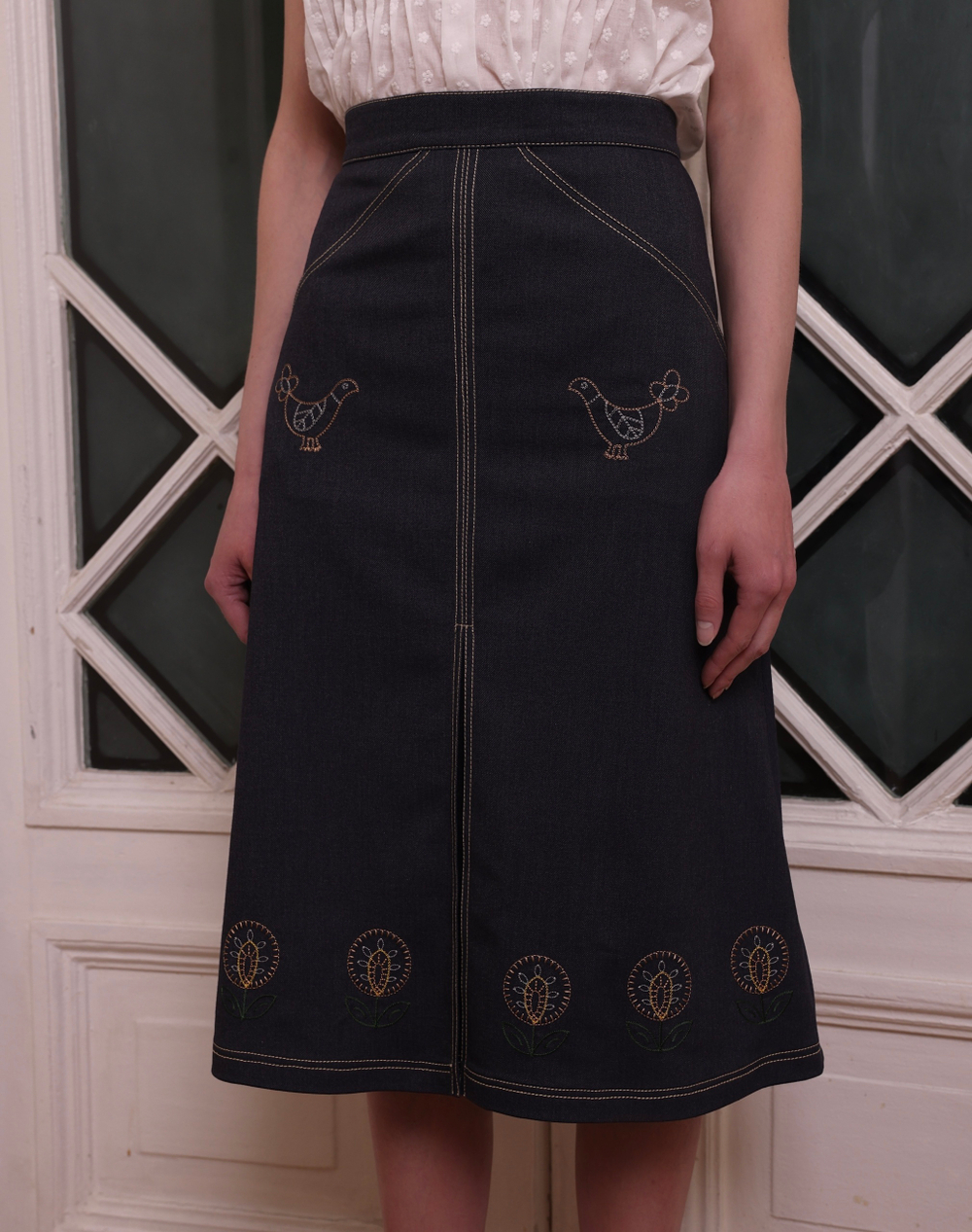 Юбка с вышивкой, темно-сиий