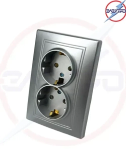 Розетка двойная с заземлением МИРА, цвет серебро, внутренняя