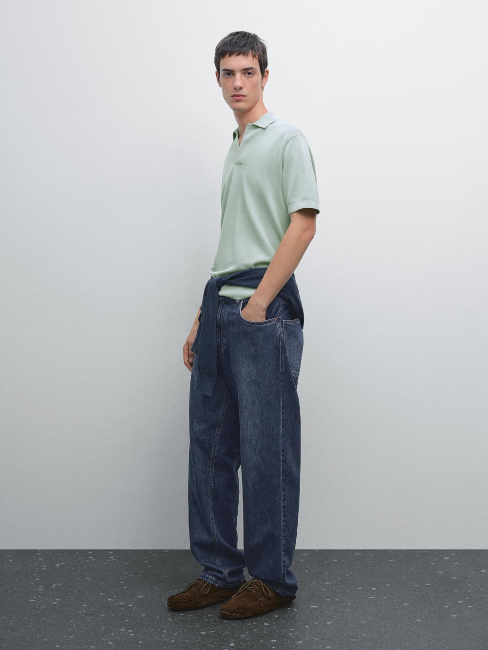 Massimo Dutti Вязаная футболка-поло с V-образным вырезом, голубой