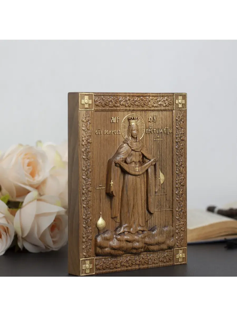Покров Пресвятой Богородицы икона деревянная резная, бук