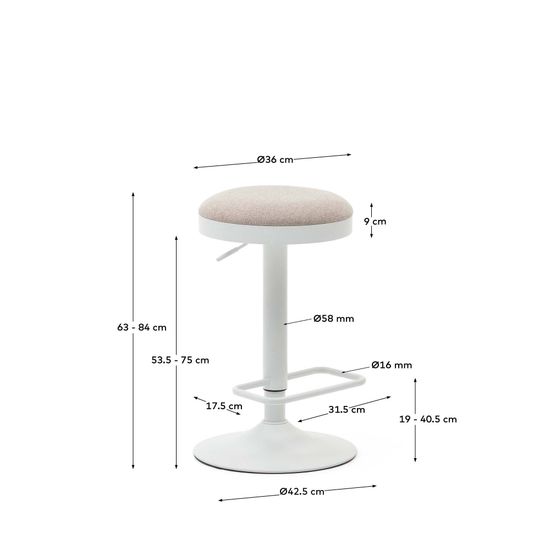 Табурет Zaib из бежевой синели и белой матовой стали, высота 58-80 см. Испания