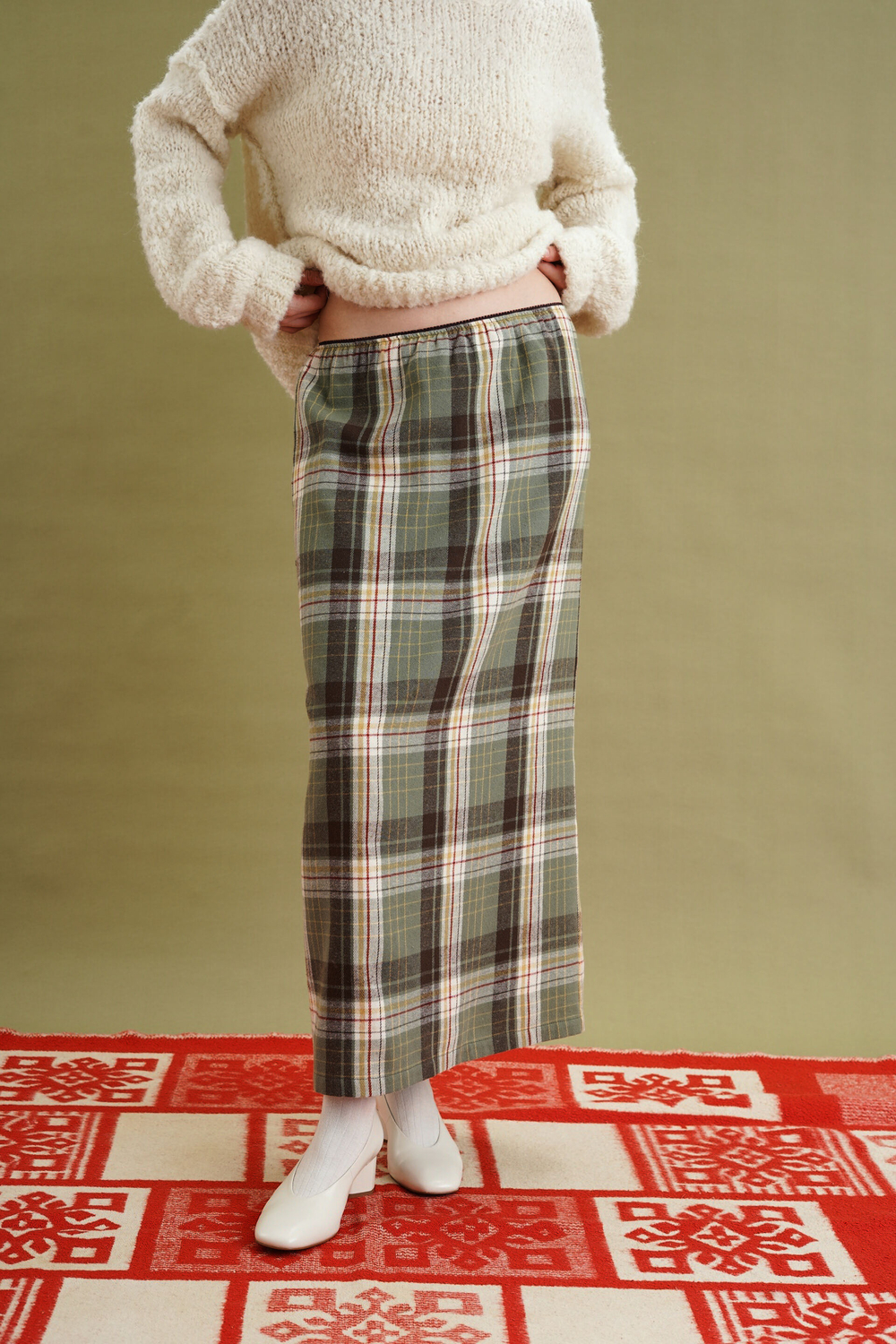 Юбка длинная прямая, пыльно-зеленая клетка