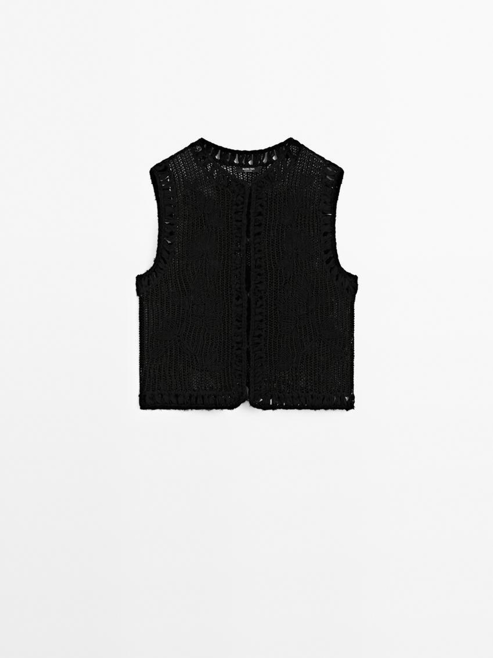 Massimo Dutti Трикотажный жилет с вышивкой, черный