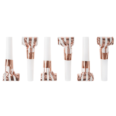 Карнавальные язычки гудки, Полосы, Белый/Розовое золото, Металлик, 6 см, 6 шт.