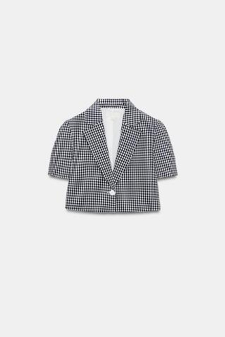 ZARA КОРОТКИЙ БЛЕЙЗЕР В КЛЕТКУ ВИШИ, ТЕМНО-СИНИЙ/БЕЛЫЙ