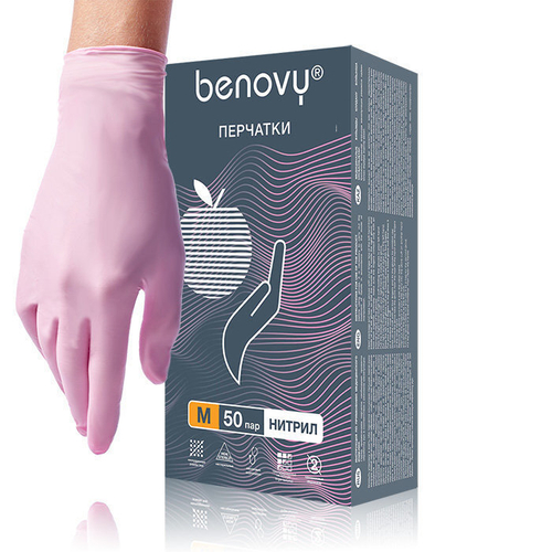 Benovy Перчатки нитриловые розовые (М), 50 пар