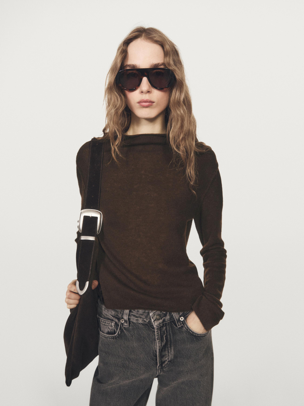 Massimo Dutti Свитер из смесовой шерсти с воротником-стойкой, коричневый