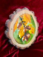 Веточка дуба - картина маслом на срезе дуба с корой | Художница Ефимова Ольга