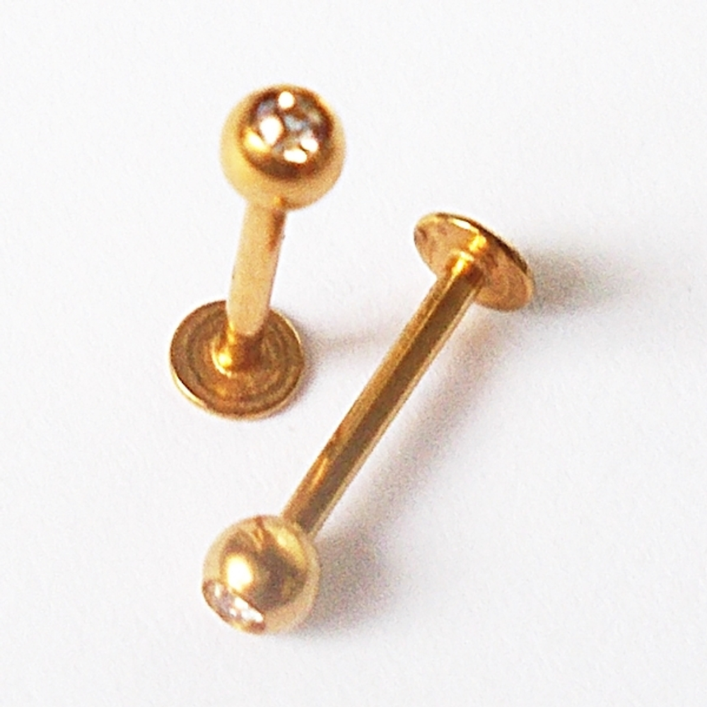 Лабрета (8 мм) с кристаллом 3 мм для пирсинга губы из медицинской стали с золотым покрытием