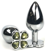 Серебристая анальная втулка с клевером из желтых кристаллов - 9 см. (Цвет: желтый)