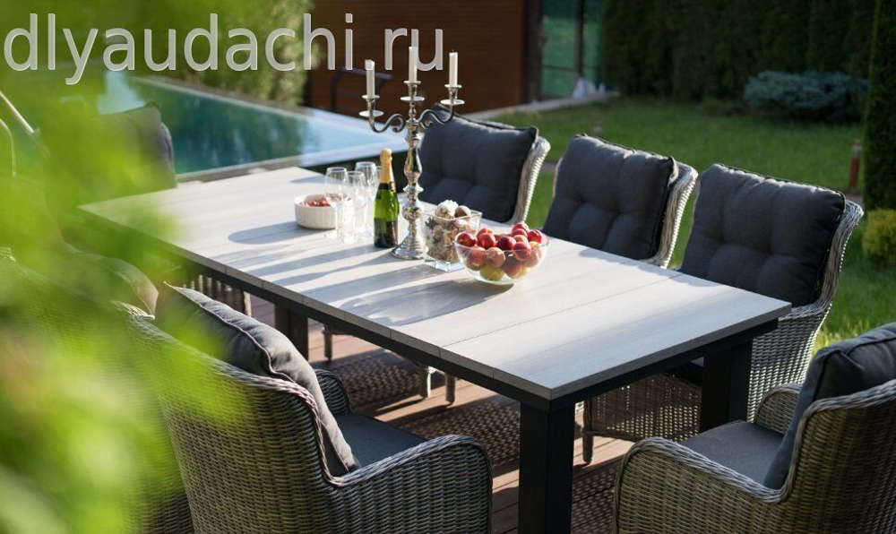 Обеденный комплект стол ПАРКЛЭНД + 6 кресел из искусственного ротанга БЕРГАМО (цвет серый/коричневый)