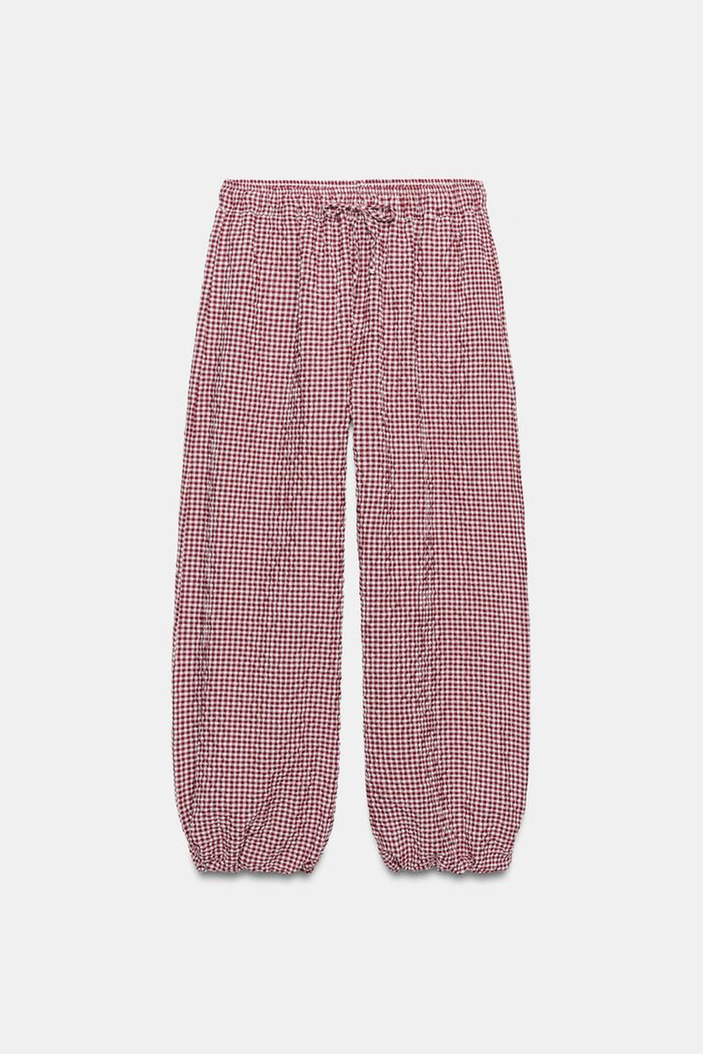 ZARA БРЮКИ-БАГГИ В КЛЕТКУ ВИШИ, БЕЛЫЙ/КРАСНЫЙ