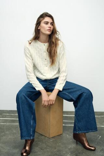 ZARA КАРДИГАН ИЗ СМЕСОВОЙ ШЕРСТИ С ВОЛНИСТЫМ УЗОРОМ, ЭКРЮ