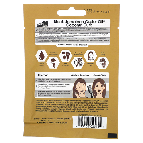Okay Pure Naturals, Черное ямайское касторовое масло, кокосовые локоны, оставьте в кондиционере для глубокого проникновения, 37 мл (1,25 жидк. унц.)