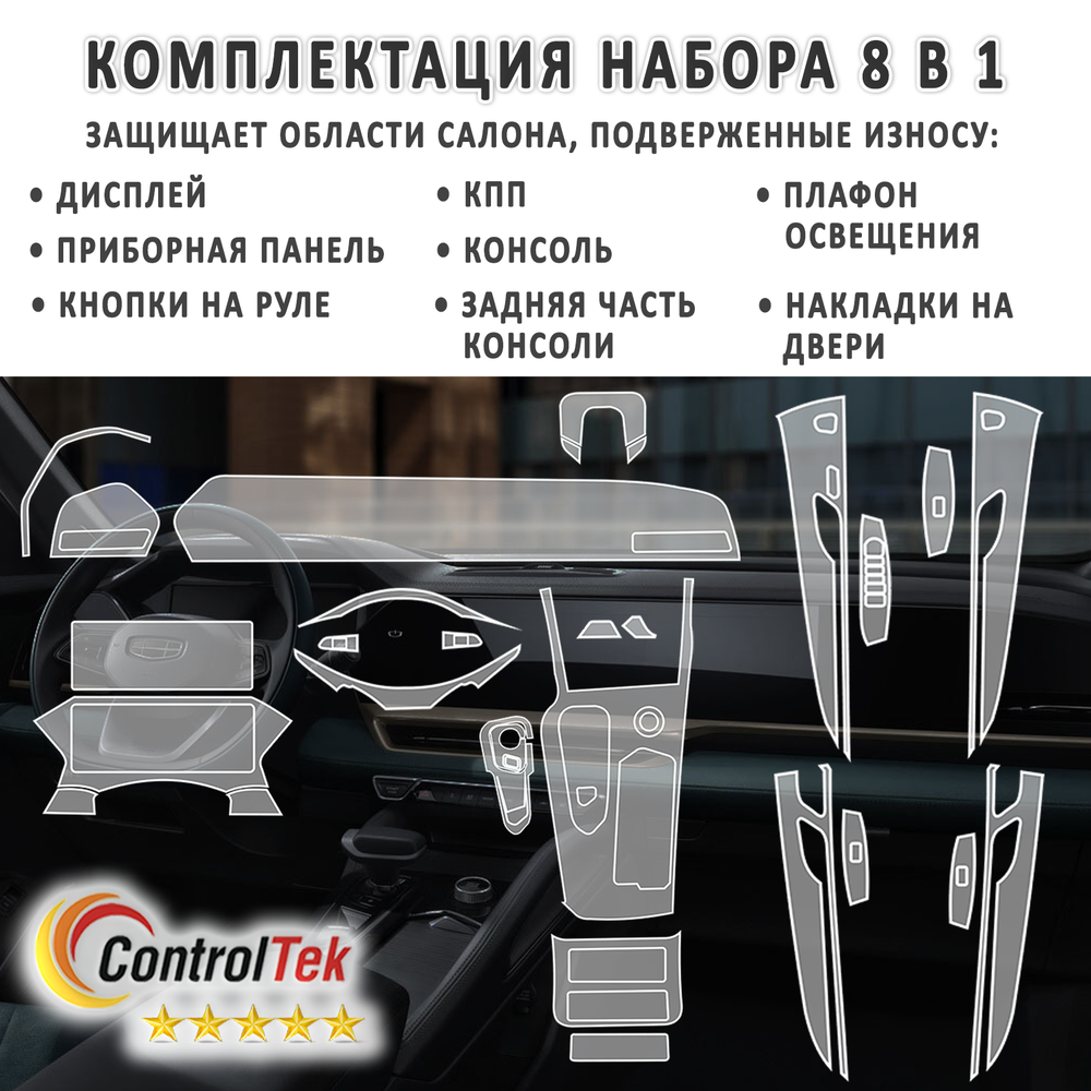 Geely Monjaro (2023) - комплект защитных пленок 8 в 1. Пленка защитная ControlTek HYBRID со слоем TOP COAT. Толщина: 6 mil. (175 мкм.)